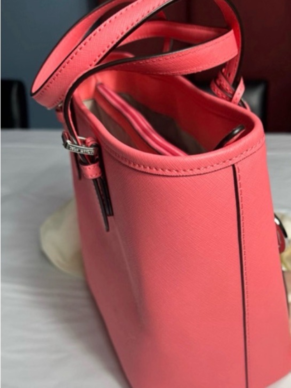 Michael Kors Coral Pink Leather Tote with Front Pocket - Picture 9 of 14